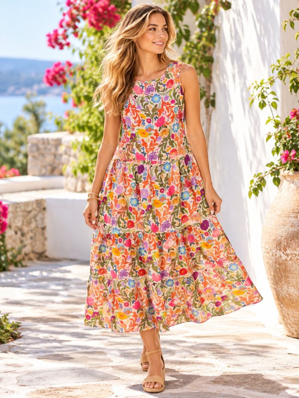 Mixed Dress Womens S Linen Blend Floral Tiered Midi Boho Sleeveless Coastal Chic